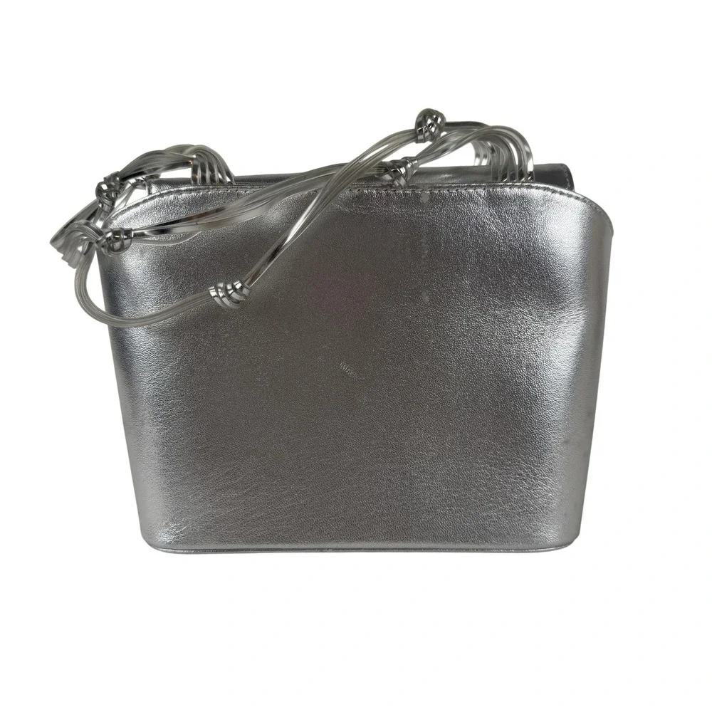 Vintage Stuart Weitzman Silver Metallic Leather Lucite Handle Evening Bag Small